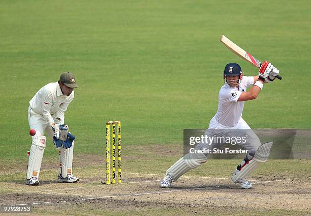 England batsman Matt Prior picks up some runs watched by wicketkeeper Mushfiqur Rahim during day three of the 2nd Test match between Bangladesh and...