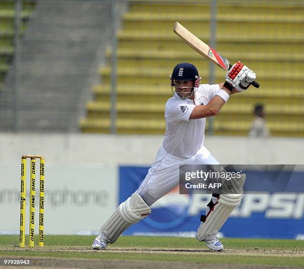 England cricketer Matt Prior plays a shot during the third day of the second test match between Bangladesh and England at the Sher-e Bangla National...