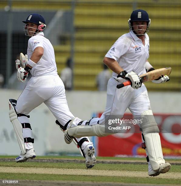 England cricketers Matt Prior and Ian Bell run between the wickets during the third day of the second Test match between Bangladesh and England at...