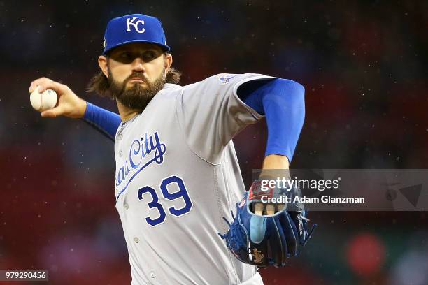 Jason Hammel of the Kansas City Royals pitches in the first inning of a game against the Boston Red Sox at Fenway Park on April 30, 2018 in Boston,...