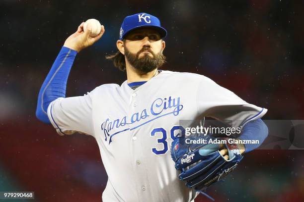 Jason Hammel of the Kansas City Royals pitches in the first inning of a game against the Boston Red Sox at Fenway Park on April 30, 2018 in Boston,...