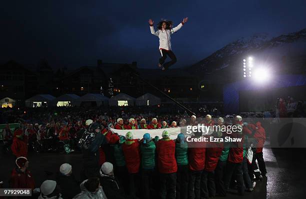 Performers entertain the crowd during the Closing Ceremony on Day 10 of the 2010 Vancouver Winter Paralympics at Whistler Medals Plaza on March 21,...