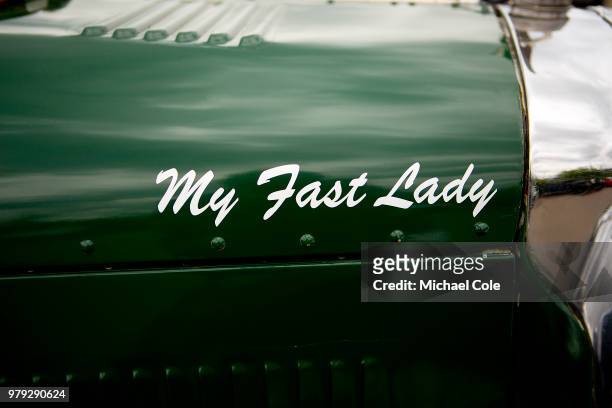 My Fast Lady" Detail of bonnet on Vintage Supercharged Bentley at Brooklands Racing Circuit on June 16, 2018 in Weybridge, England.