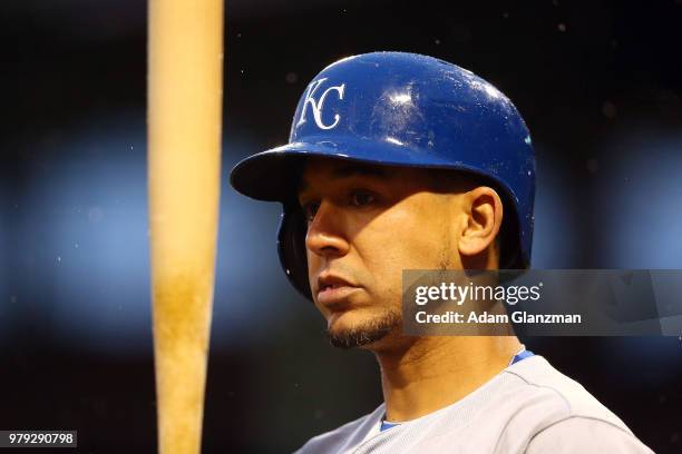 Jon Jay of the Kansas City Royals looks on from the on deck circle during a game against the Boston Red Sox at Fenway Park on April 30, 2018 in...