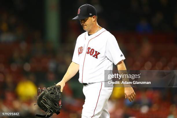 Steven Wright of the Boston Red Sox is taken out of the game in the eighth inning of a game against the Oakland Athletics at Fenway Park on May 15,...