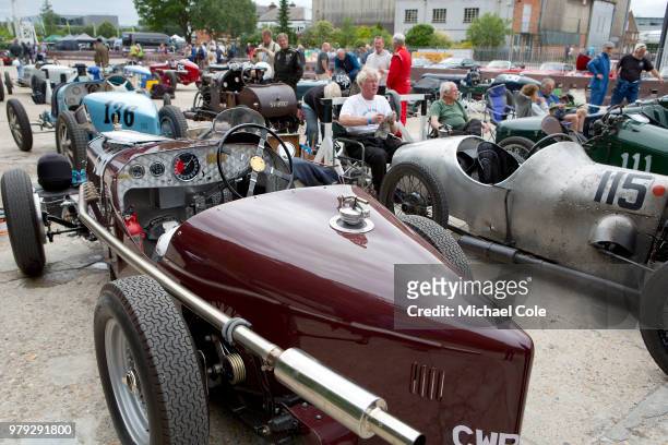 Gathering of vintage sports/racing cars at Brooklands Racing Circuit on June 16, 2018 in Weybridge, England.