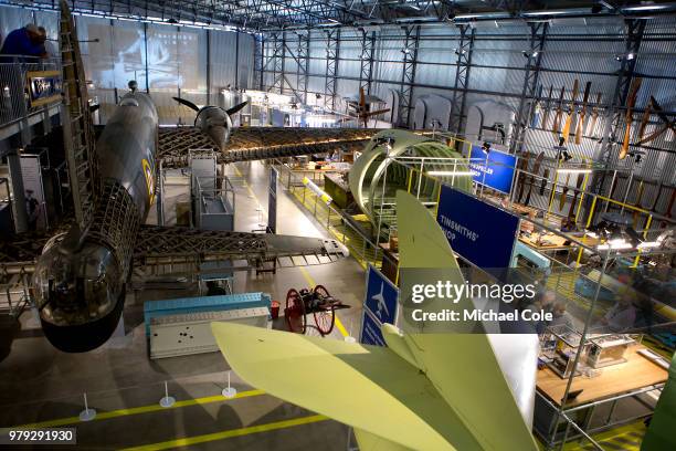 An elevated view of the newly restored and re-erected Bellman Hangar showing The 'Loch Ness" Wellington Bomber at Brooklands Racing Circuit on June...