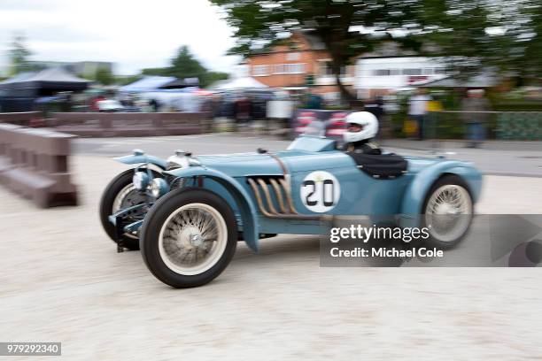 Riley Two Seater driven by John Deveuve at Brooklands Racing Circuit on June 16, 2018 in Weybridge, England.