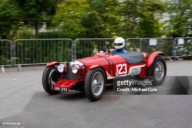 Riley 12/4 racing car driven by Andrew Croysdill at Brooklands Racing Circuit on June 16, 2018 in Weybridge, England.