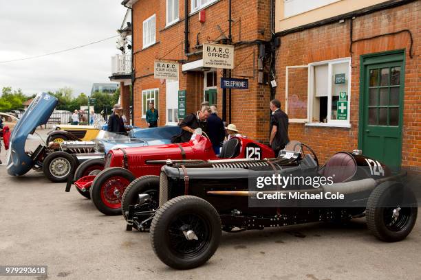 Line up of cars in front of The Clubhouse, including a 1934 Lagonda Rapier, 1929/36 Riley Special, D-Type Jaguar & 1937 Frazer Nash BMW 319/55 at...