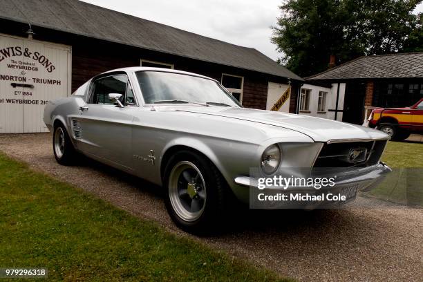 1960s Ford Mustang on display at Brooklands Racing Circuit on June 16, 2018 in Weybridge, England.