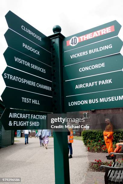 Signpost at Brooklands Racing Circuit on June 16, 2018 in Weybridge, England.