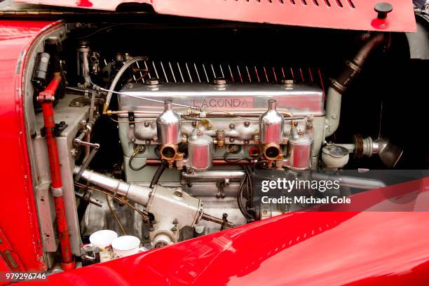 Engine bay of 1933 Lagonda M45 T7, on display outside The Clubhouse at Brooklands Racing Circuit on June 16, 2018 in Weybridge, England.