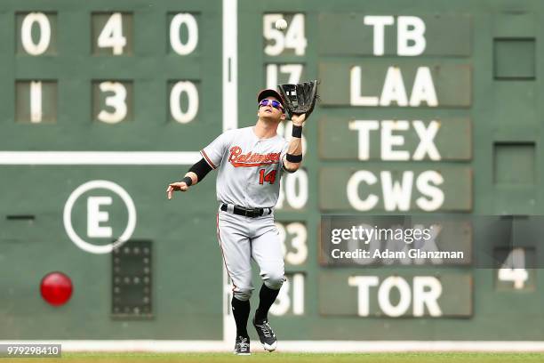 Craig Gentry of the Baltimore Orioles makes a catch during a game against the Boston Red Sox at Fenway Park on May 20, 2018 in Boston, Massachusetts.