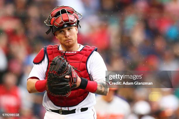 Christian Vazquez of the Boston Red Sox looks on during a game against the Baltimore Orioles at Fenway Park on May 20, 2018 in Boston, Massachusetts.