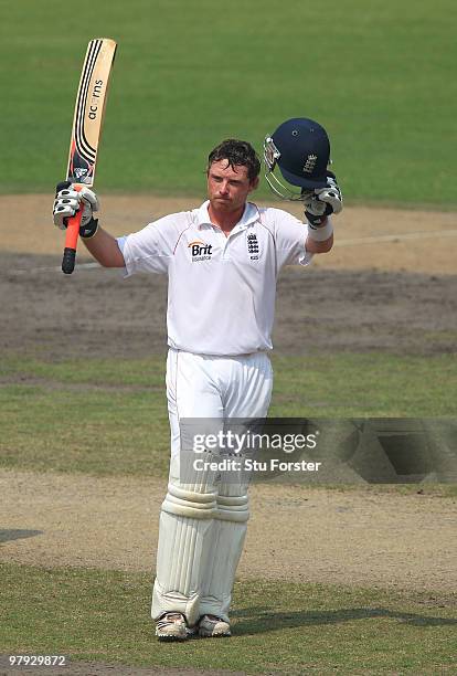 England batsman Ian Bell celebrates his century during day three of the 2nd Test match between Bangladesh and England at Shere-e-Bangla National...