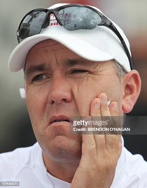 Skipper Gavin Brady of Italian team Mascalzone Latino reacts following the Finals of the Louis Vuitton sailing trophy in Auckland on March 21, 2010....