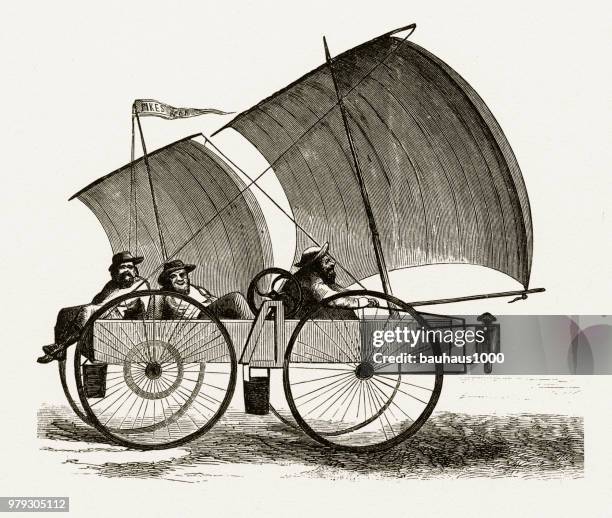 wind powered car sailing to pikes peak, 1860 - pikes peak stock illustrations
