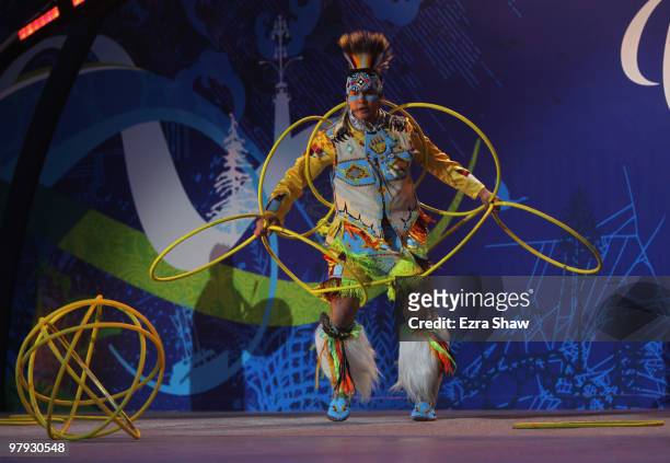 Lil'wat Nation hoop dancer performs during the Closing Ceremony on Day 10 of the 2010 Vancouver Winter Paralympics at Whistler Medals Plaza on March...