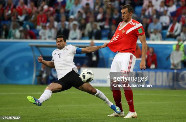 Ahmed Fathi of Egypt scores an own goal to put Russia in front 1-0 during the 2018 FIFA World Cup Russia group A match between Russia and Egypt at...