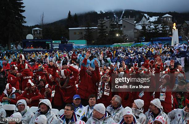 Athletes enjoy the atmosphere during the Closing Ceremony on Day 10 of the 2010 Vancouver Winter Paralympics at Whistler Medals Plaza on March 21,...