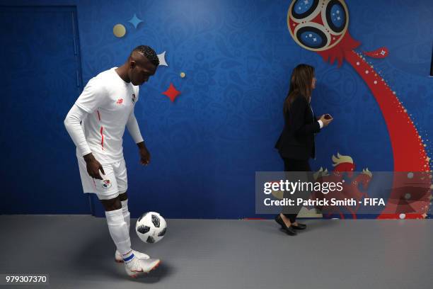 Abdiel Arroyo of Panama plays with the ball inside the tunnel prior to the 2018 FIFA World Cup Russia group G match between Belgium and Panama at...