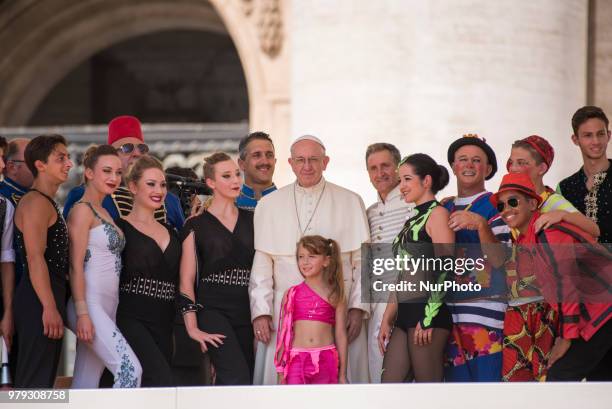 Pope Francis pictured with some members of the aquatic circus, during the general audience in St.Peters Place, Vatican City, 20 June 2018.