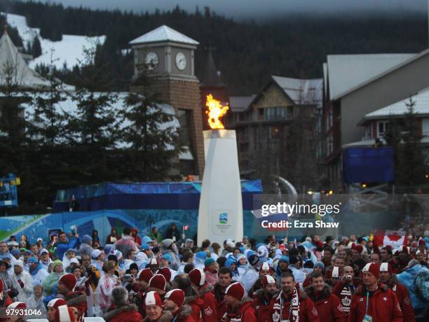 The Paralympic flame burns during the Closing Ceremony on Day 10 of the 2010 Vancouver Winter Paralympics at Whistler Medals Plaza on March 21, 2010...