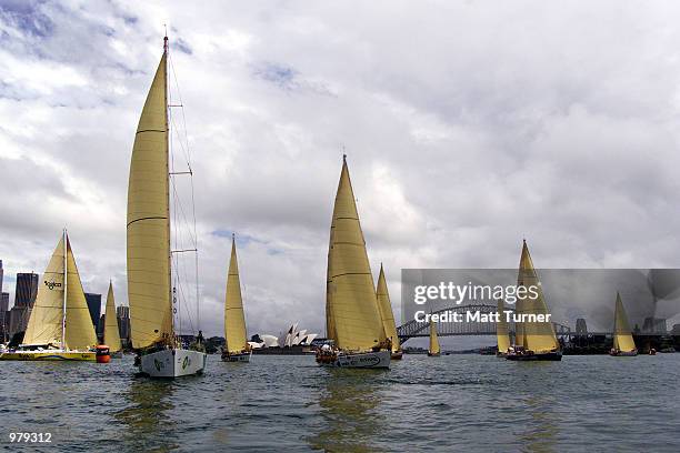 Participants in the BT Global Challenge Leave Sydney for CapeTown on the 5th Leg of the around the world yacht race. They are pictured in the Sydney...