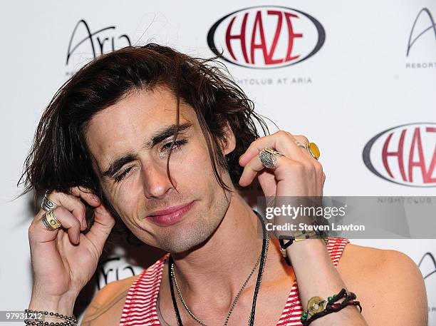 Singer/bass guitarist of the band 'The All-American Rejects' Tyson Ritter arrives to perform at Haze Nightclub at the Aria Resort & Casino at...