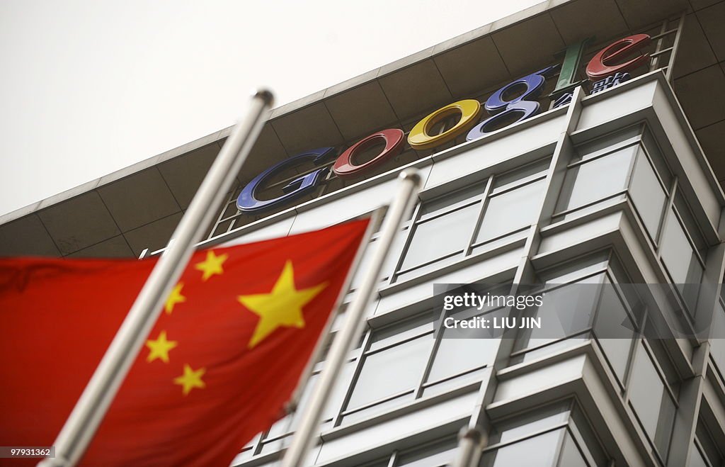A Chinese flag flies next to the Google