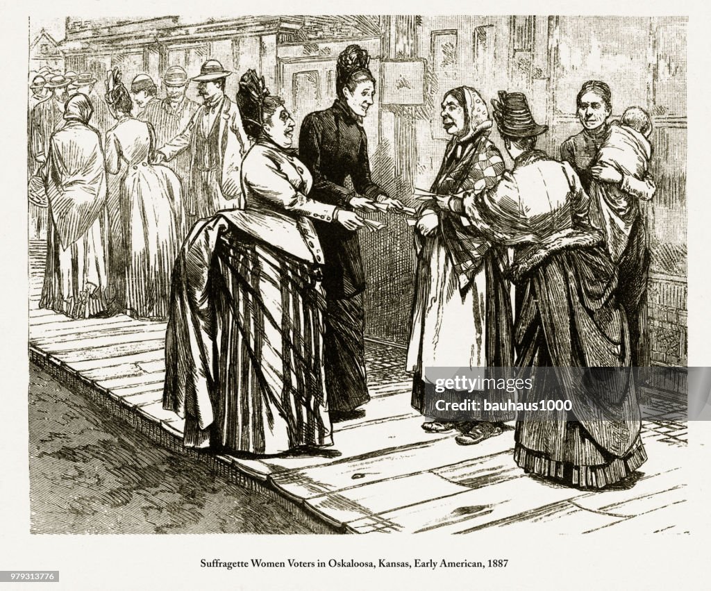 Suffragette Women Voters in Oskaloosa, Kansas, Early American Engraving, 1887