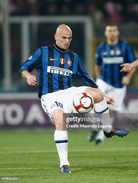 Esteban Cambiasso of FC Internazionale Milano is shown in action during the Serie A match between US Citta di Palermo and FC Internazionale Milano at...