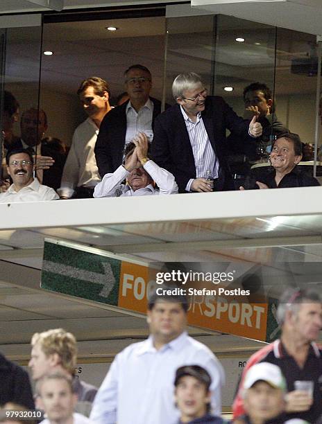 Prime Minister Kevin Rudd watches the round two NRL match between the Canberra Raiders and the Brisbane Broncos at Canberra Stadium on March 22, 2010...