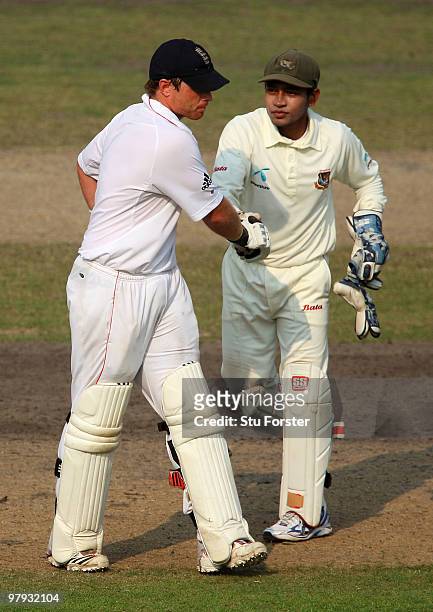 England batsman Ian Bell shakes hands with wicketkeeper Mushfiqur Rahim after being dismissed for 138 runs during day three of the 2nd Test match...