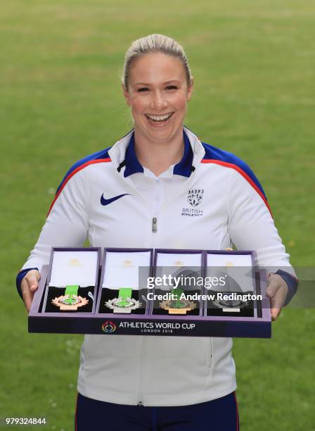 Sophie Hitchon, Olympic hammer bronze medallst, reveals the inaugural Athletics World Cup medals at The Great Conservatory, Syon Park on June 20,...