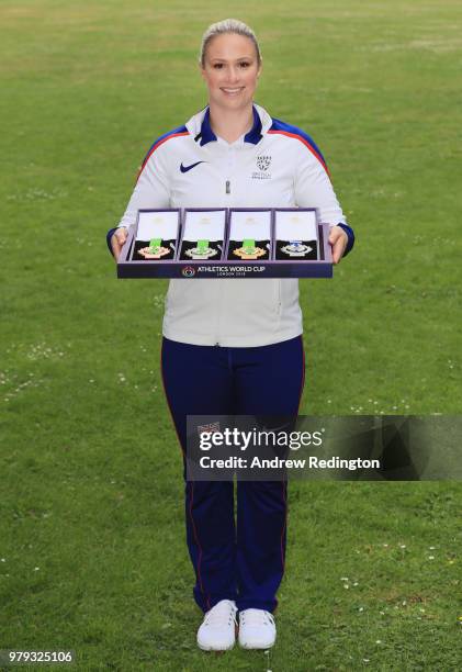 Sophie Hitchon, Olympic hammer bronze medallst, reveals the inaugural Athletics World Cup medals at The Great Conservatory, Syon Park on June 20,...