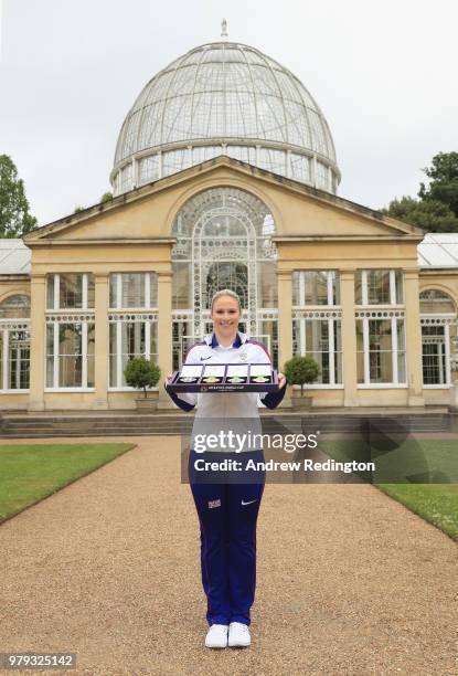 Sophie Hitchon, Olympic hammer bronze medallst, reveals the inaugural Athletics World Cup medals at The Great Conservatory, Syon Park on June 20,...