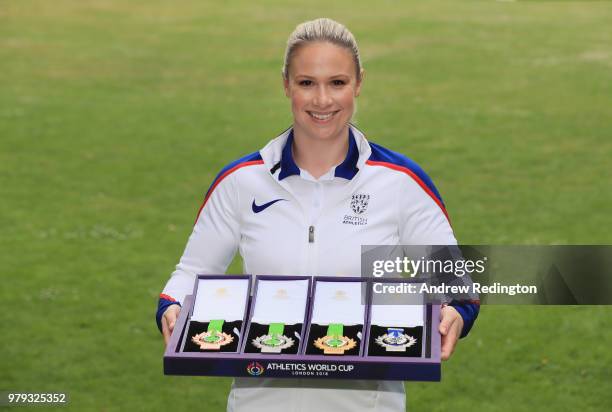 Sophie Hitchon, Olympic hammer bronze medallst, reveals the inaugural Athletics World Cup medals at The Great Conservatory, Syon Park on June 20,...