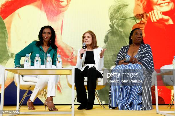 Zeinab Badawi, Gloria Steinem and Tarana Burke speak on stage at the IPG's Women's Breakfast At Cannes Lions at Hotel Martinez on June 20, 2018 in...