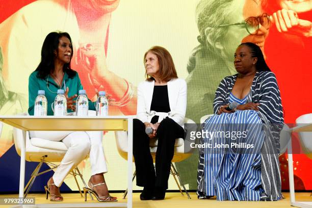 Zeinab Badawi, Gloria Steinem and Tarana Burke speak on stage at the IPG's Women's Breakfast At Cannes Lions at Hotel Martinez on June 20, 2018 in...