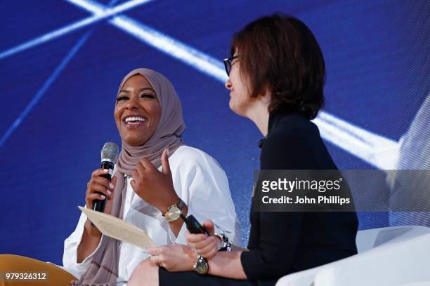 Fencing Champion Ibtihaj Muhammad and President of Weber Shandwick Gail Heimann speak on stage at IPG's Women's Breakfast At Cannes Lions at Hotel...