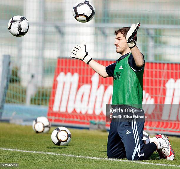 Iker Casillas of Real Madrid in action during a training session at Valdebebas on March 22, 2010 in Madrid, Spain.