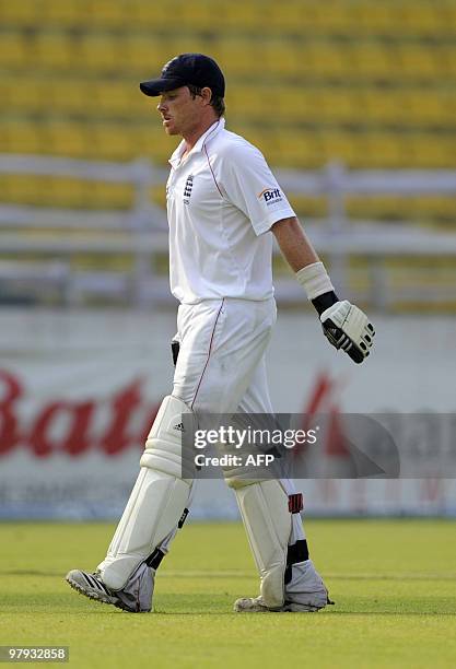 England cricketer Ian Bell leaves the field after loosing his wicket during the third day of the second Test match between Bangladesh and England at...
