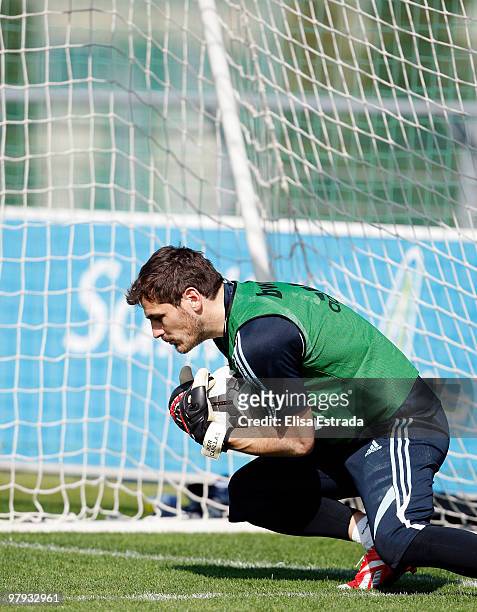 Iker Casillas of Real Madrid in action during a training session at Valdebebas on March 22, 2010 in Madrid, Spain.