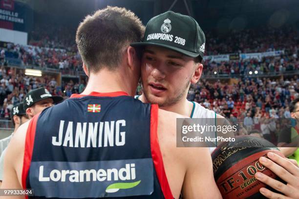 Kirolbet Baskonia Matt Janning and Real Madrid Luka Doncic during Liga Endesa Finals match between Kirolbet Baskonia and Real Madrid at Fernando...