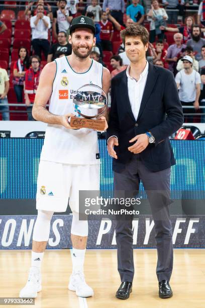 Real Madrid Rudy Fernandez receive the MVP of finals awards after Liga Endesa Finals match between Kirolbet Baskonia and Real Madrid at Fernando...