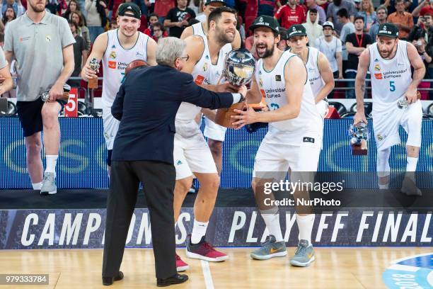 Real Madrid Felipe Reyes and Sergio Llull celebrating the championship after Liga Endesa Finals match between Kirolbet Baskonia and Real Madrid at...