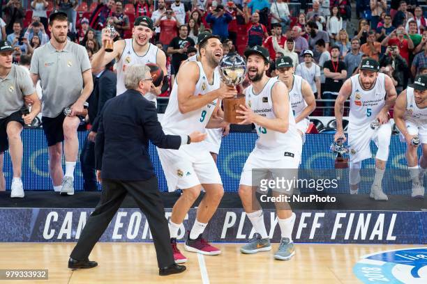 Real Madrid Felipe Reyes and Sergio Llull celebrating the championship after Liga Endesa Finals match between Kirolbet Baskonia and Real Madrid at...