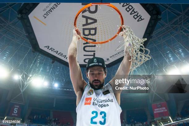 Real Madrid Sergio Llull celebrating the championship during Liga Endesa Finals match between Kirolbet Baskonia and Real Madrid at Fernando Buesa...